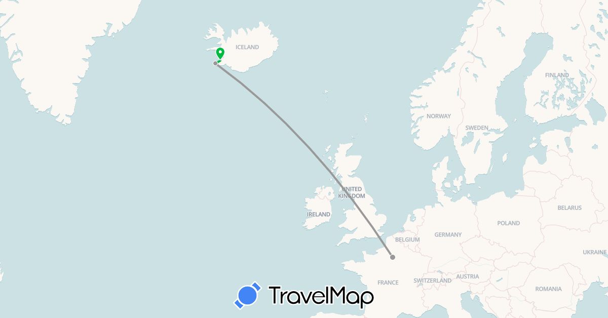 TravelMap itinerary: driving, bus, plane in France, Iceland (Europe)